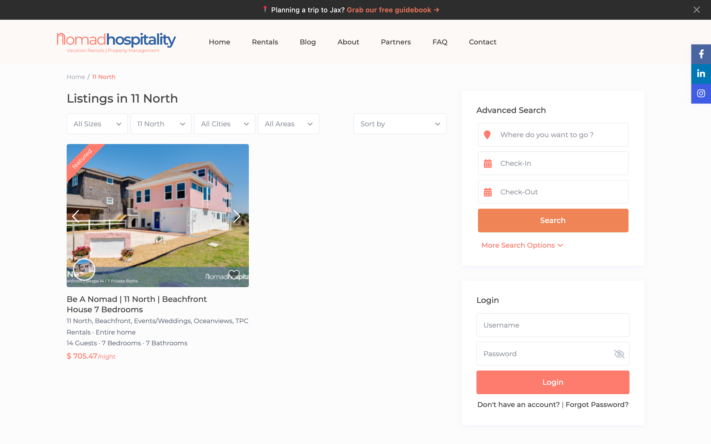 Nomad Hospitality property listings browse view with filters and search