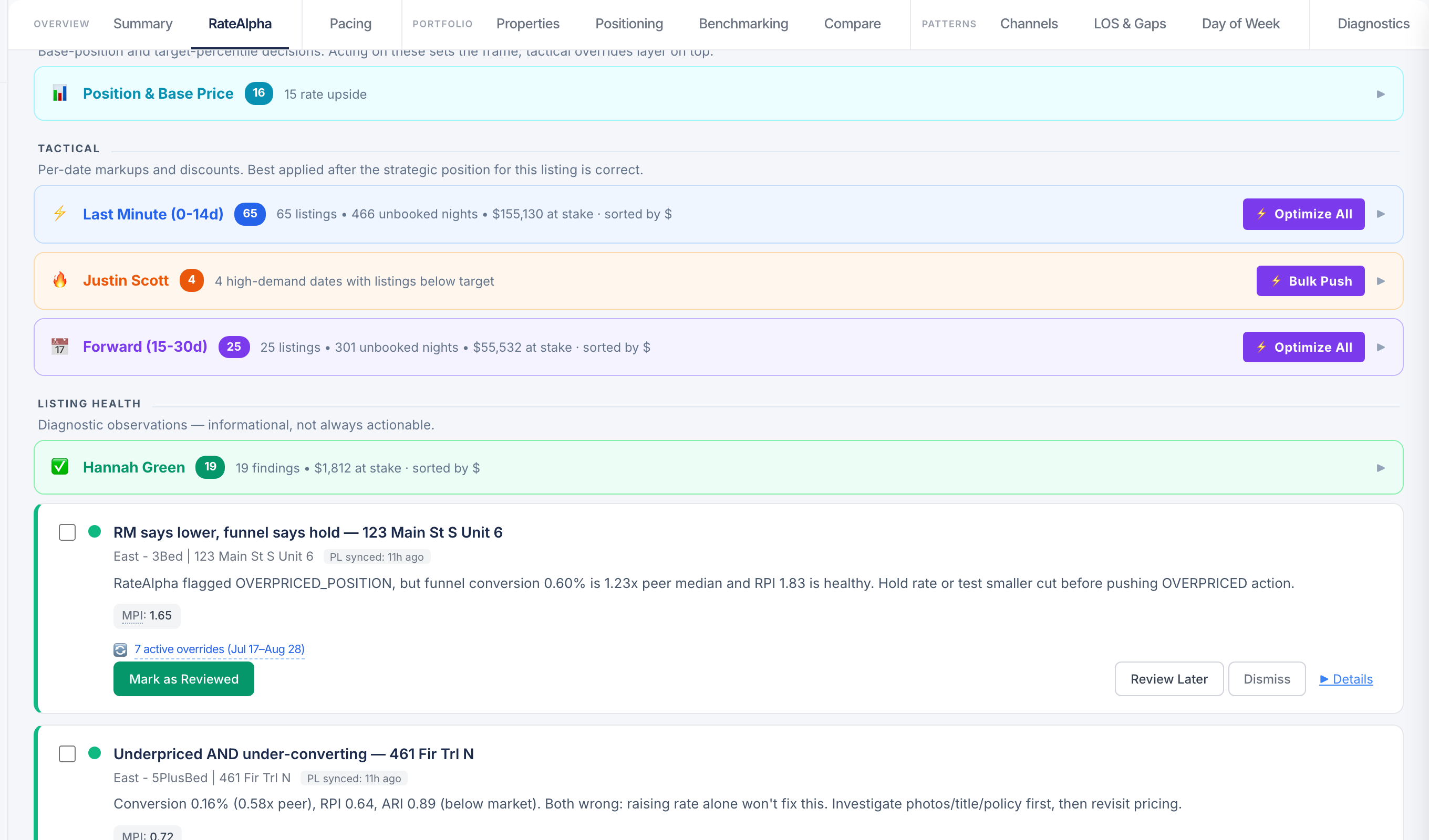 RateAlpha task queues — tactical last-minute and forward optimizations with bulk actions, plus listing-health findings with review workflows.