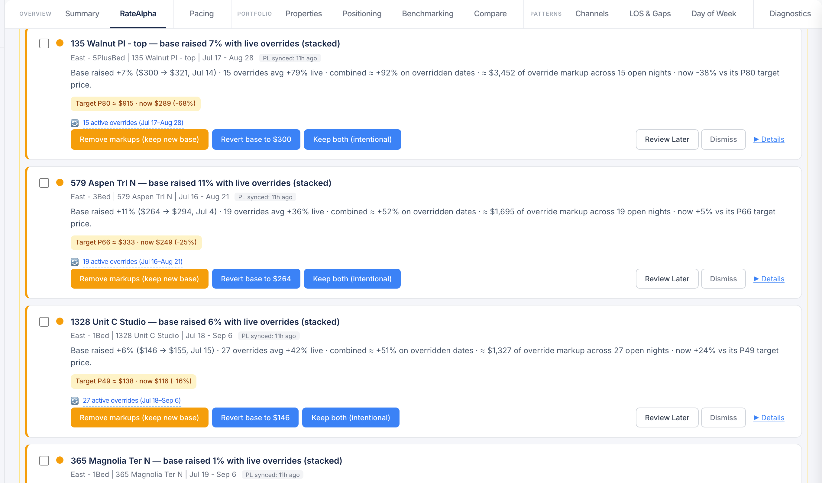 RateAlpha pricing-conflict warnings — listings where live overrides stack on a raised base price, each with one-click fixes: remove markups or revert the base.