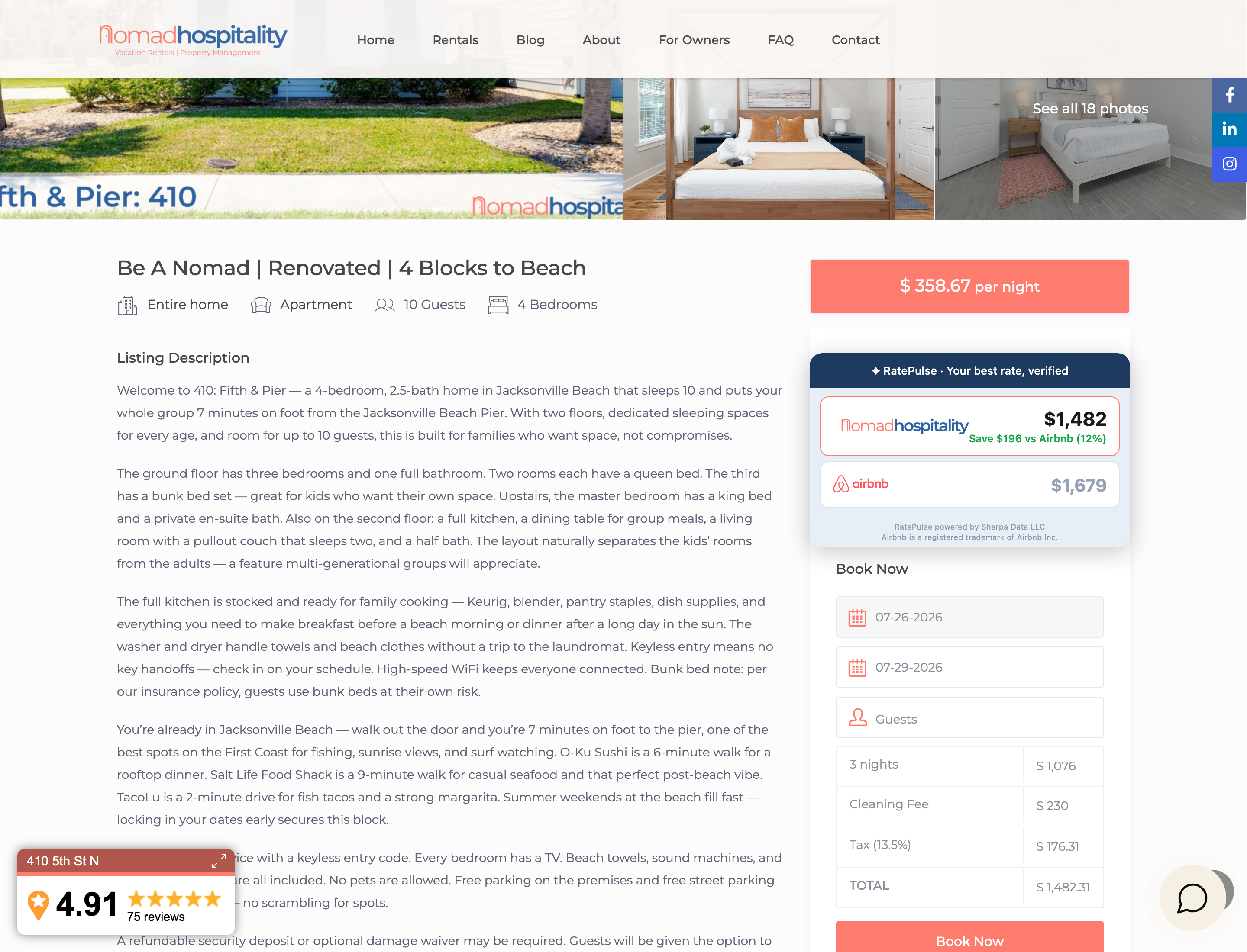 RatePulse in place on a live direct booking site — the comparison card sits directly above the Book Now form, and the direct total it shows matches the itemized booking total to the dollar.