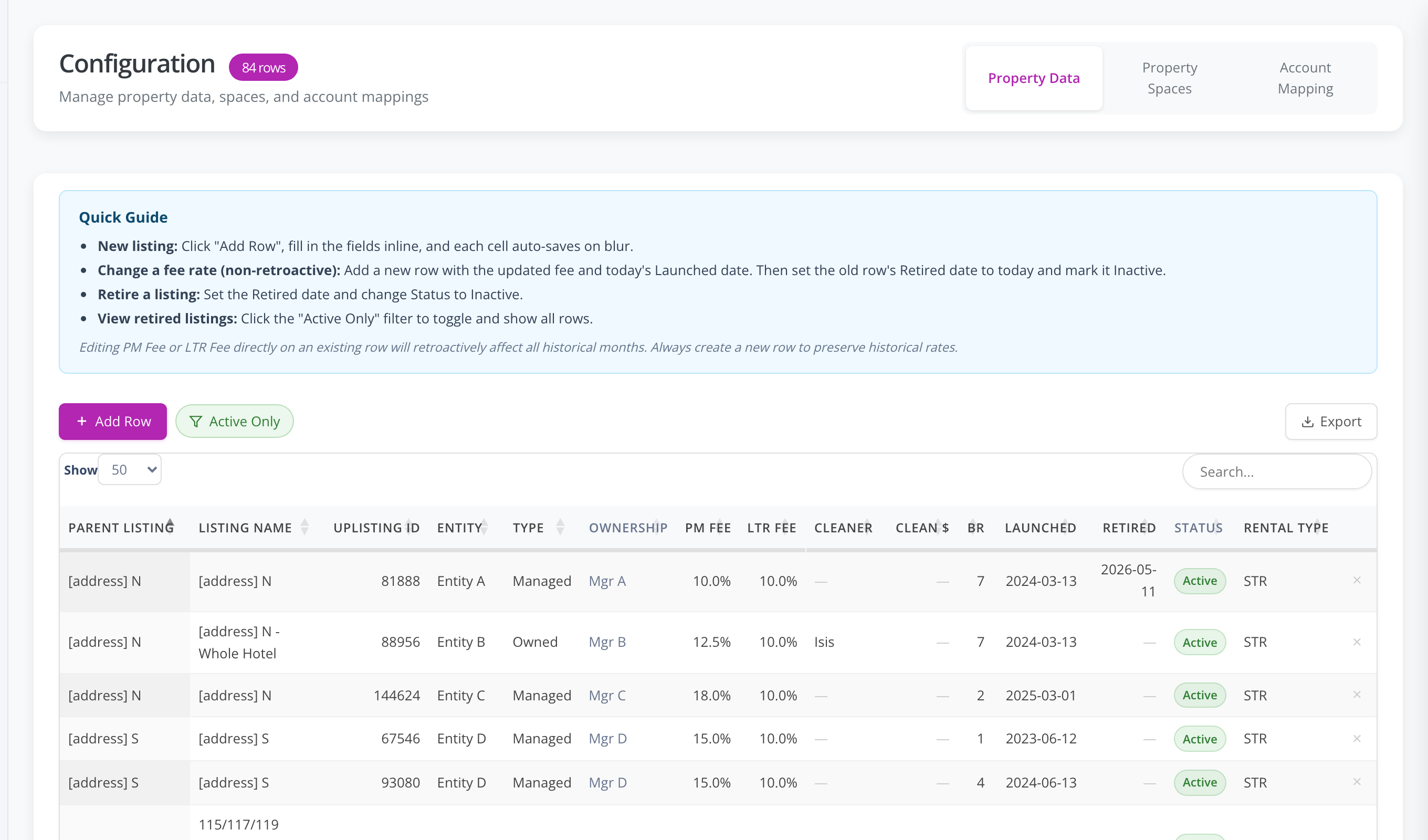 Sherpa Folio property configuration — per-property data including Uplisting ID, ownership type, PM fee, LTR fee, cleaner fee, launch / retired dates and status, with bulk add-row and active-only filters.