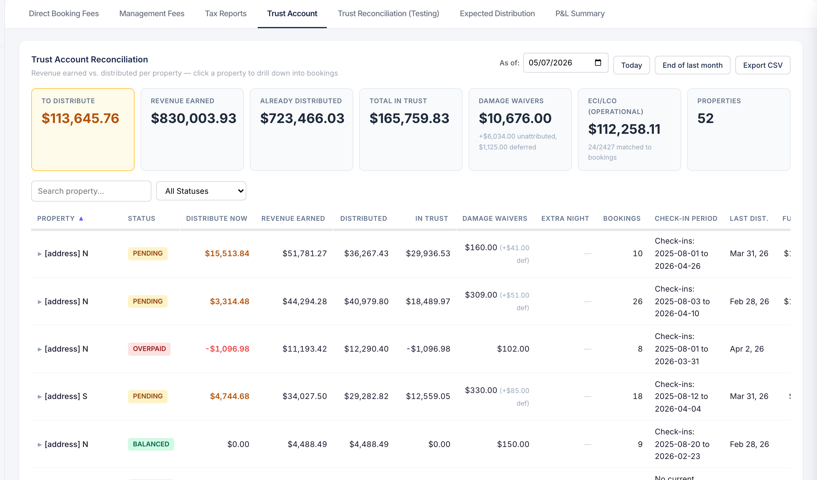 Sherpa Folio Trust Account view — to-distribute, revenue earned, already distributed, total in trust, damage waivers, and ECOLCO tiles, with a per-property reconciliation table showing pending and balanced statuses.
