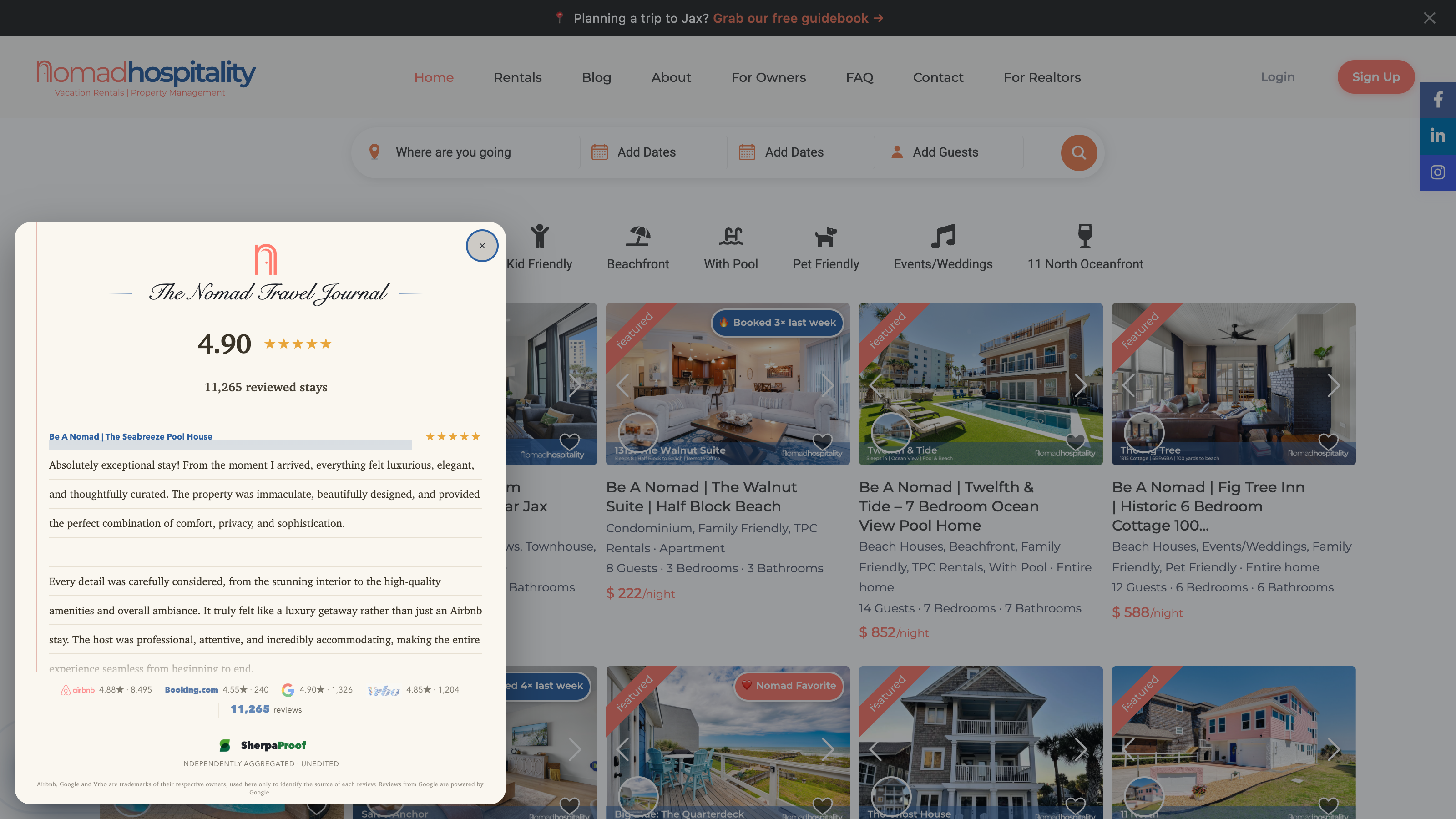 The SherpaProof Guest Book open on nomadhospitality.co — The Nomad Travel Journal, 4.90 across 11,265 reviewed stays, a guest's review in full with its channel underneath, and the per-channel ledger: Airbnb, Booking.com, Google and Vrbo.