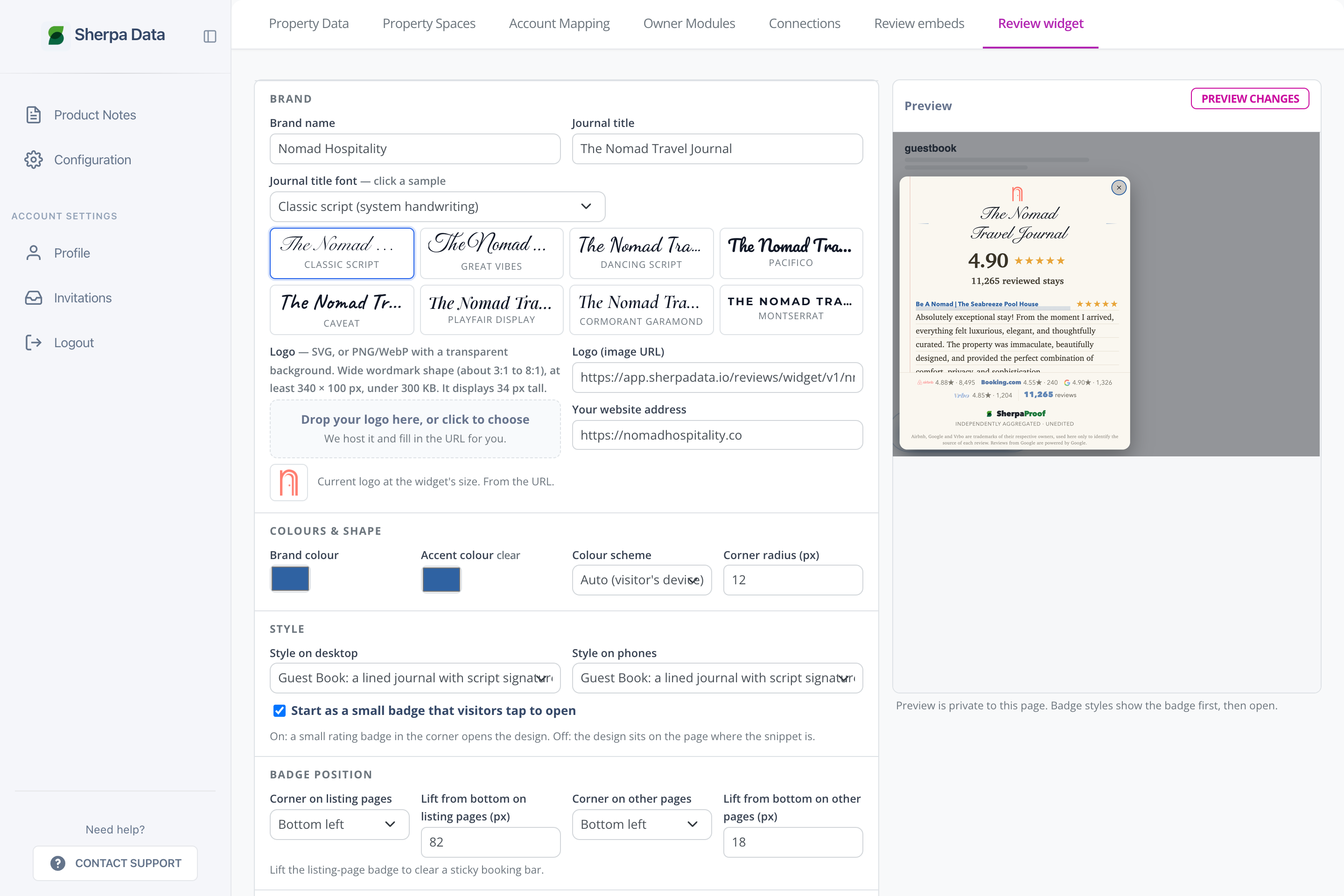 SherpaProof Review widget settings — brand name, journal title with eight font samples, logo drop zone, colours, style pickers and badge position on the left, and a live preview of the Guest Book pinned on the right.